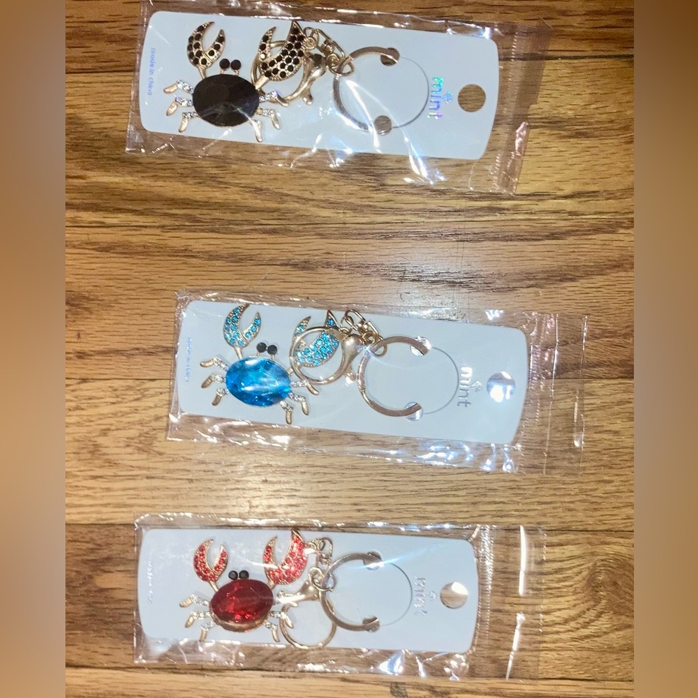 Crab Jeweled Bag Charm  Key Holder Gold +  Red, Black or  Blue - NWT